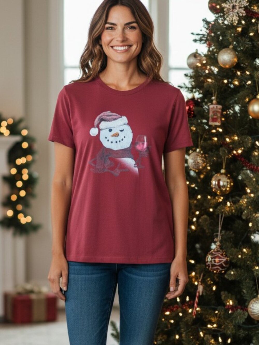 Life is Good Snowman with Red Wine W's Crusher Crew Tee Shirt